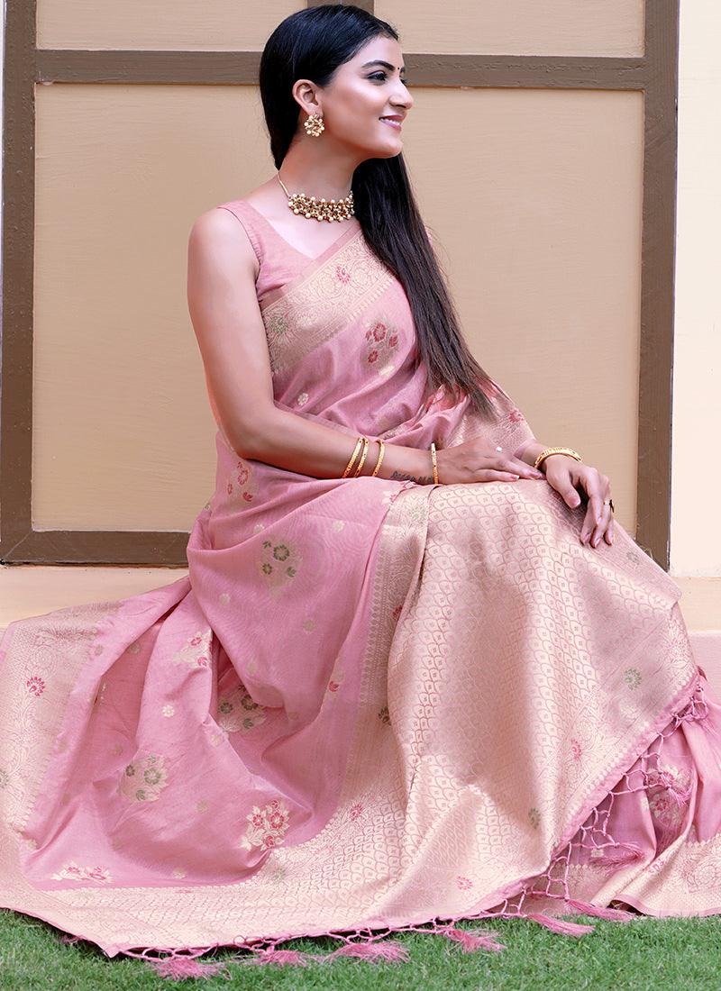 Classic Wear Sleeveless Pink Saree New Styles Cheap Pice