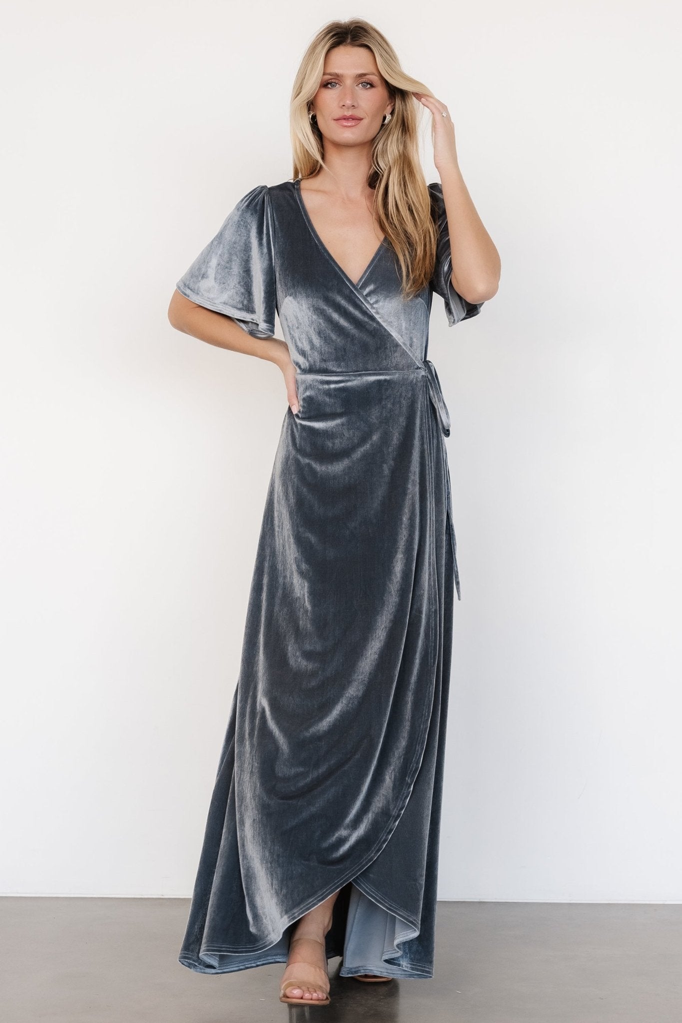 Katelyn Velvet Maxi Wrap Dress | Dusty Blue Largest Supplier