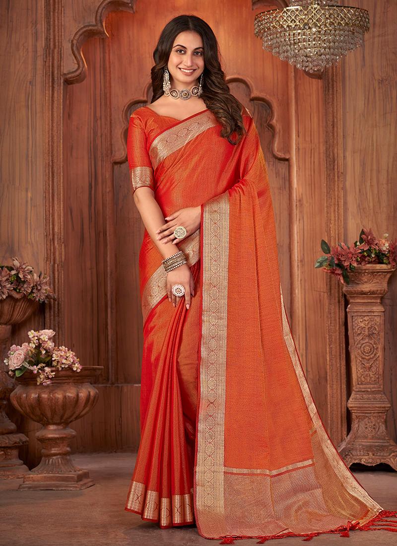 Two Tone Style Orange Linen Saree Free Shipping Clearance Store