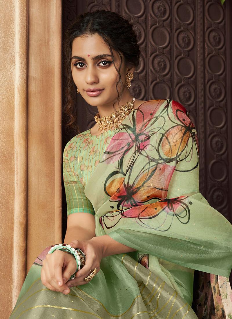 Organza Base Printed Light Green Floral Saree Cheap Sale Choice