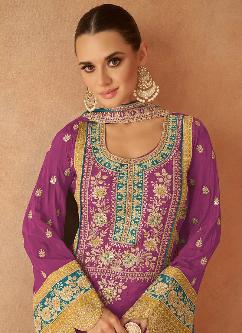 Luxurious and Classic Pure Chinon Embroidered Palazzo Suit Clearance With Credit Card