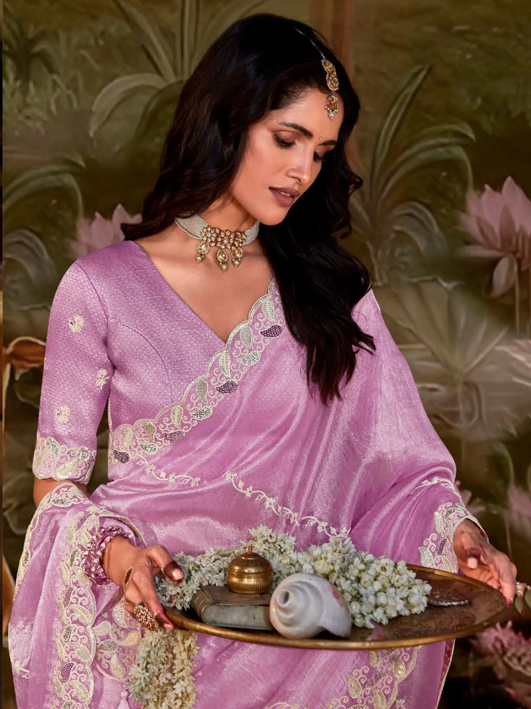 Lovely Lavender Organza Sequins Embroidered Designer Saree Fashionable Cheap Online