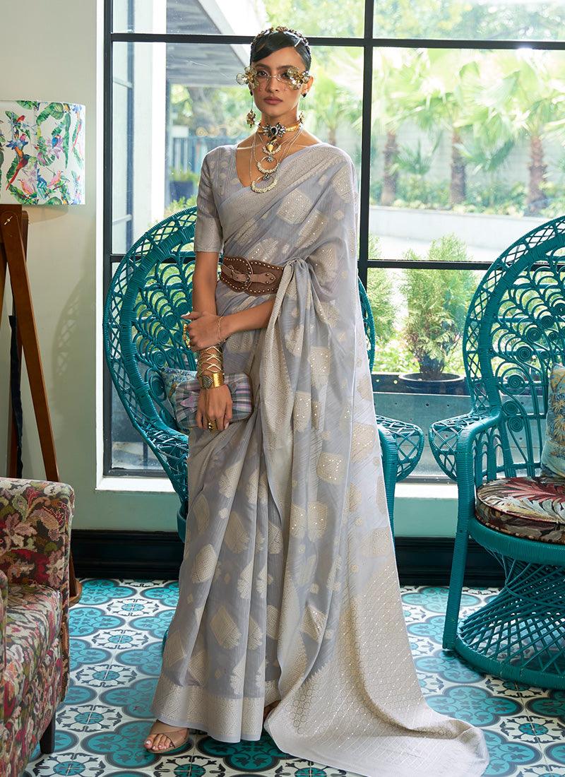 Low Cut Neck With Classic Light Grey Saree For Cheap Cheap Online