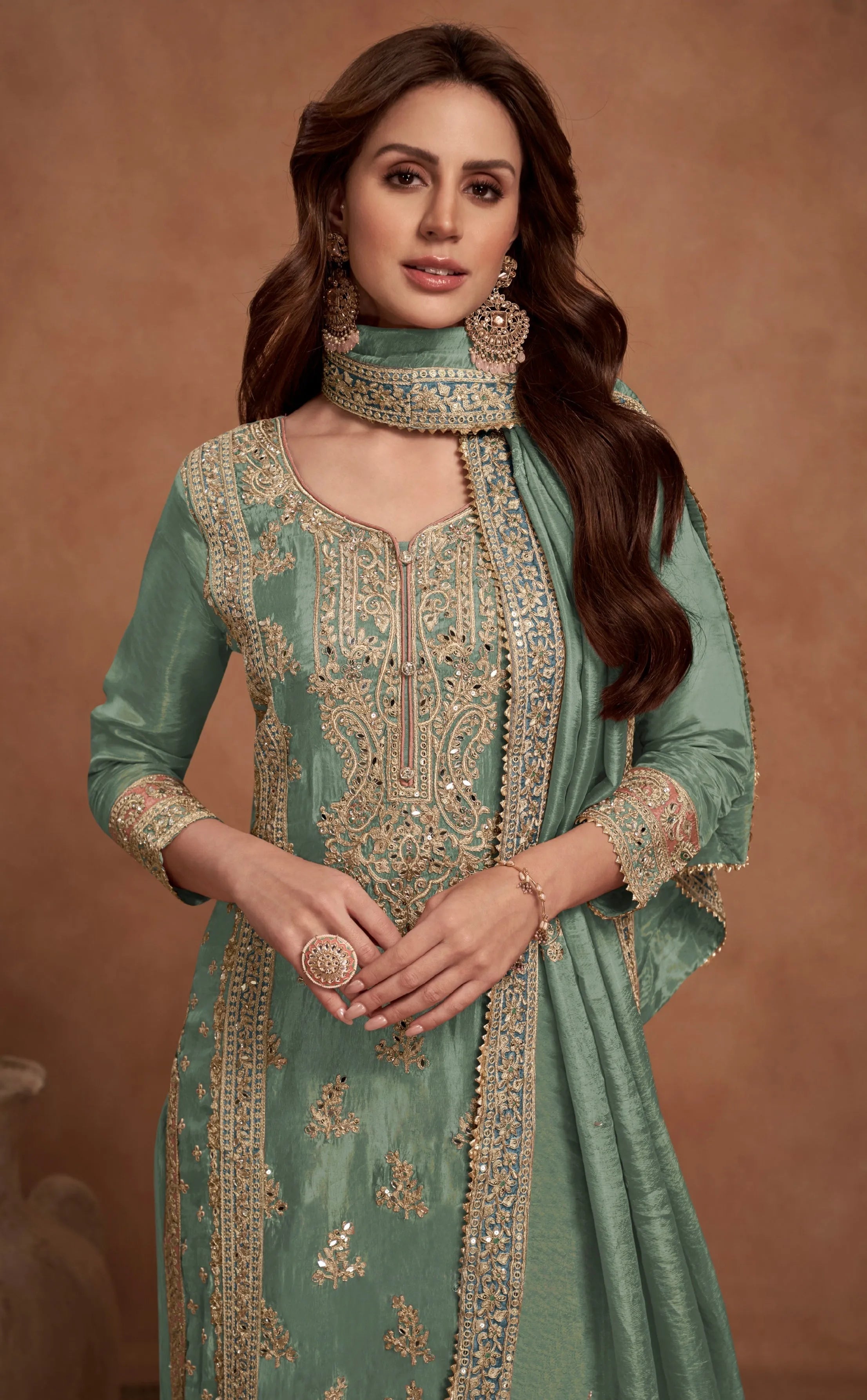 Sea Green  Simar Silk Palazzo Suit with Golden Embroidery Cheap Get To Buy