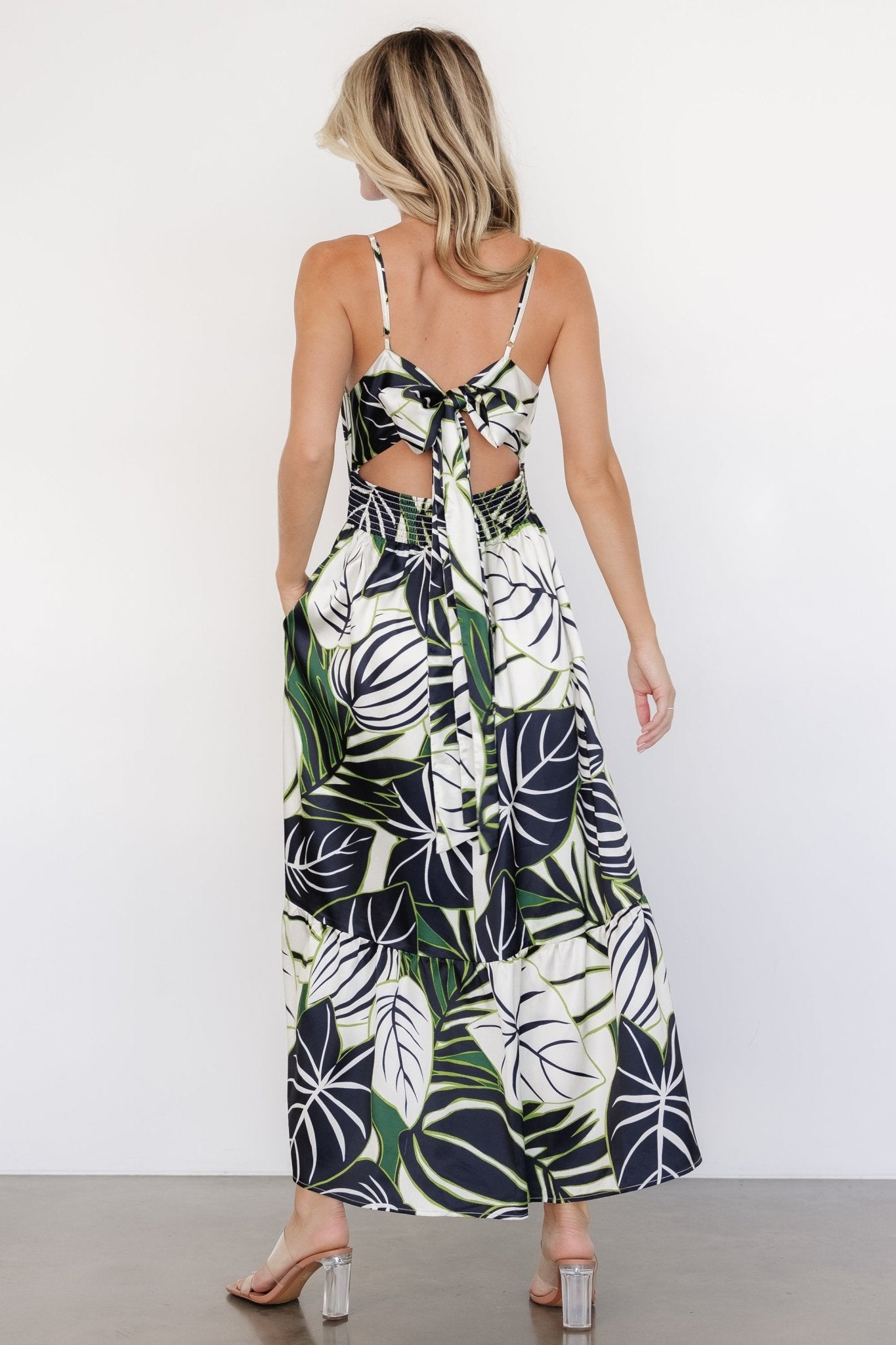 Norita Tie Back Tank Dress | Black + Green Print Popular