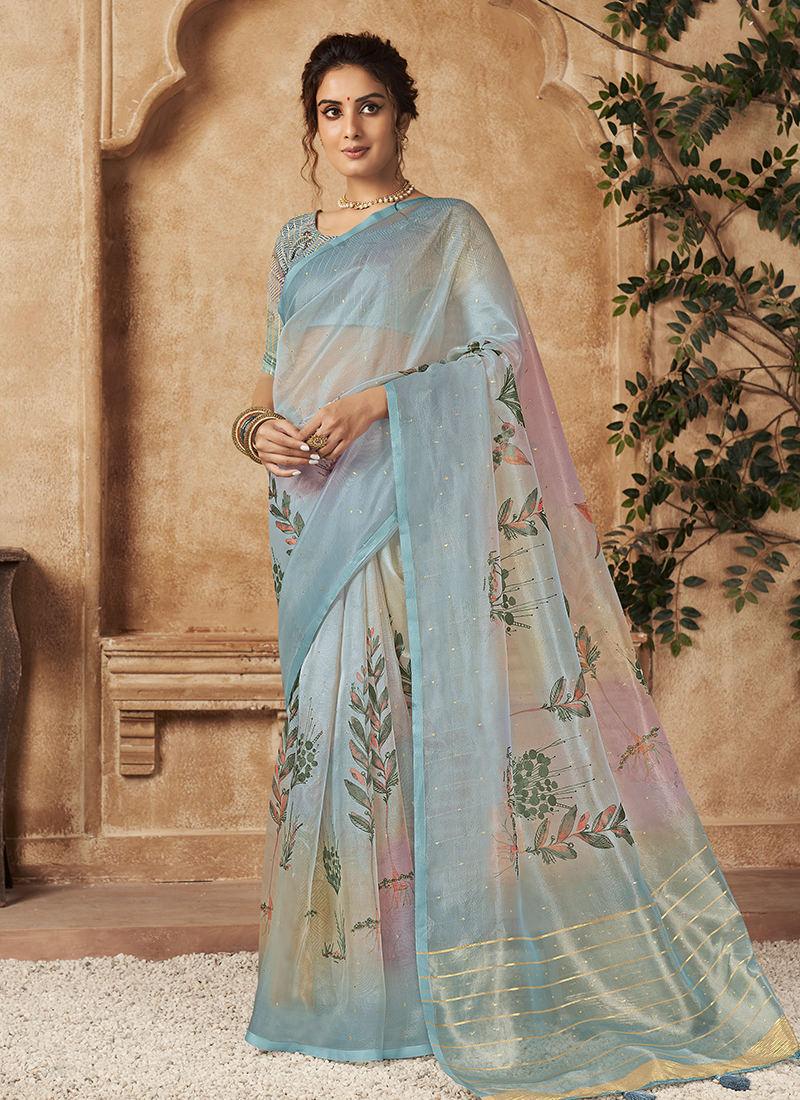 Organza Base Printed Sky Blue Floral Saree For Sale Wholesale Pice