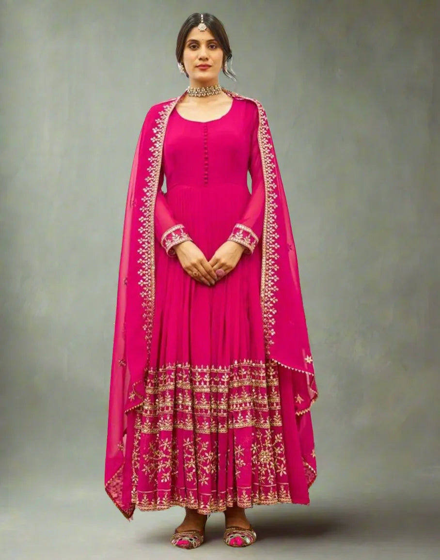 Pink Georgette readymade embroidered Flared gown Discount Inexpensive