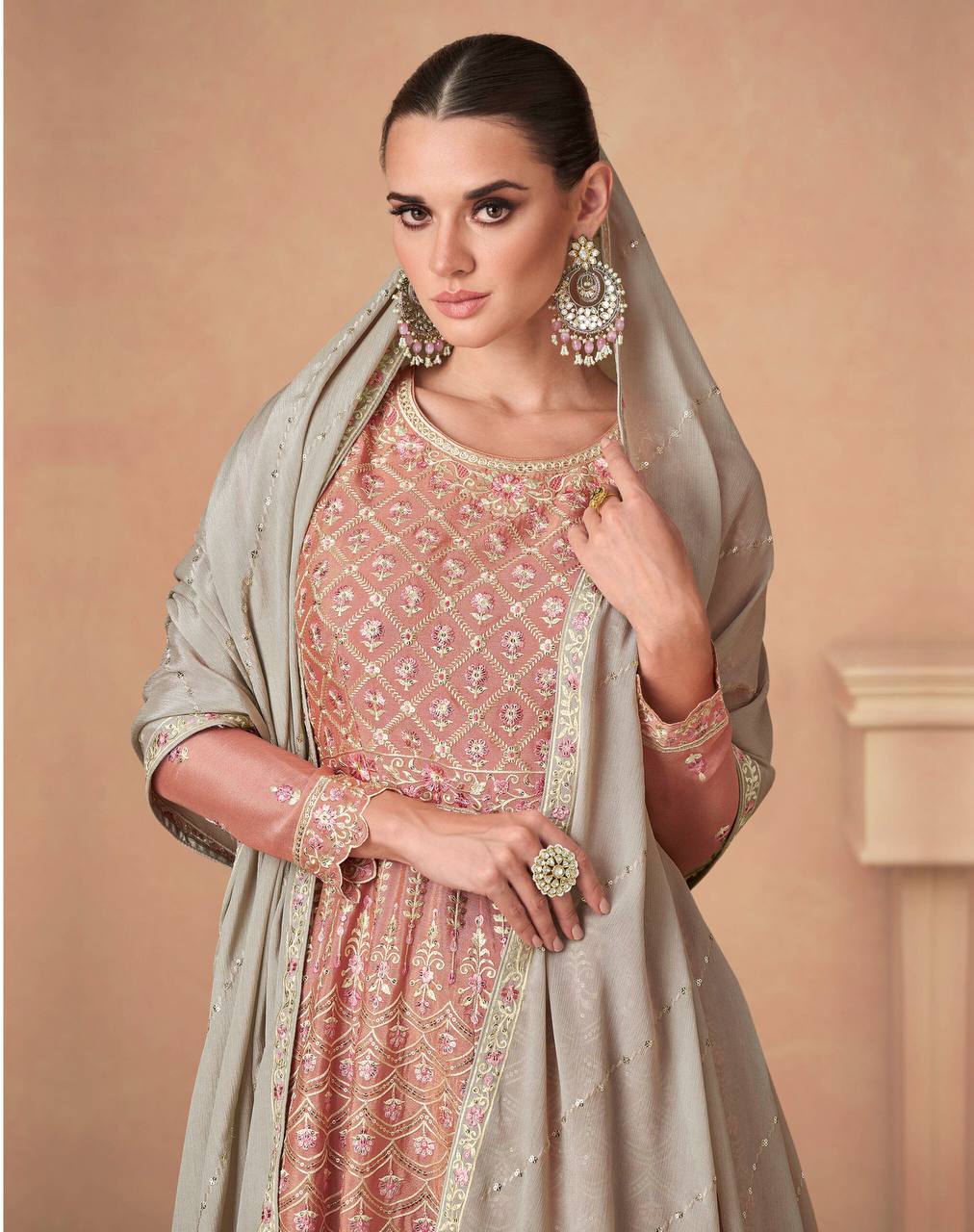 Bewitching Brown Chinon Embroidered palazzo Suit For Sale Official Site