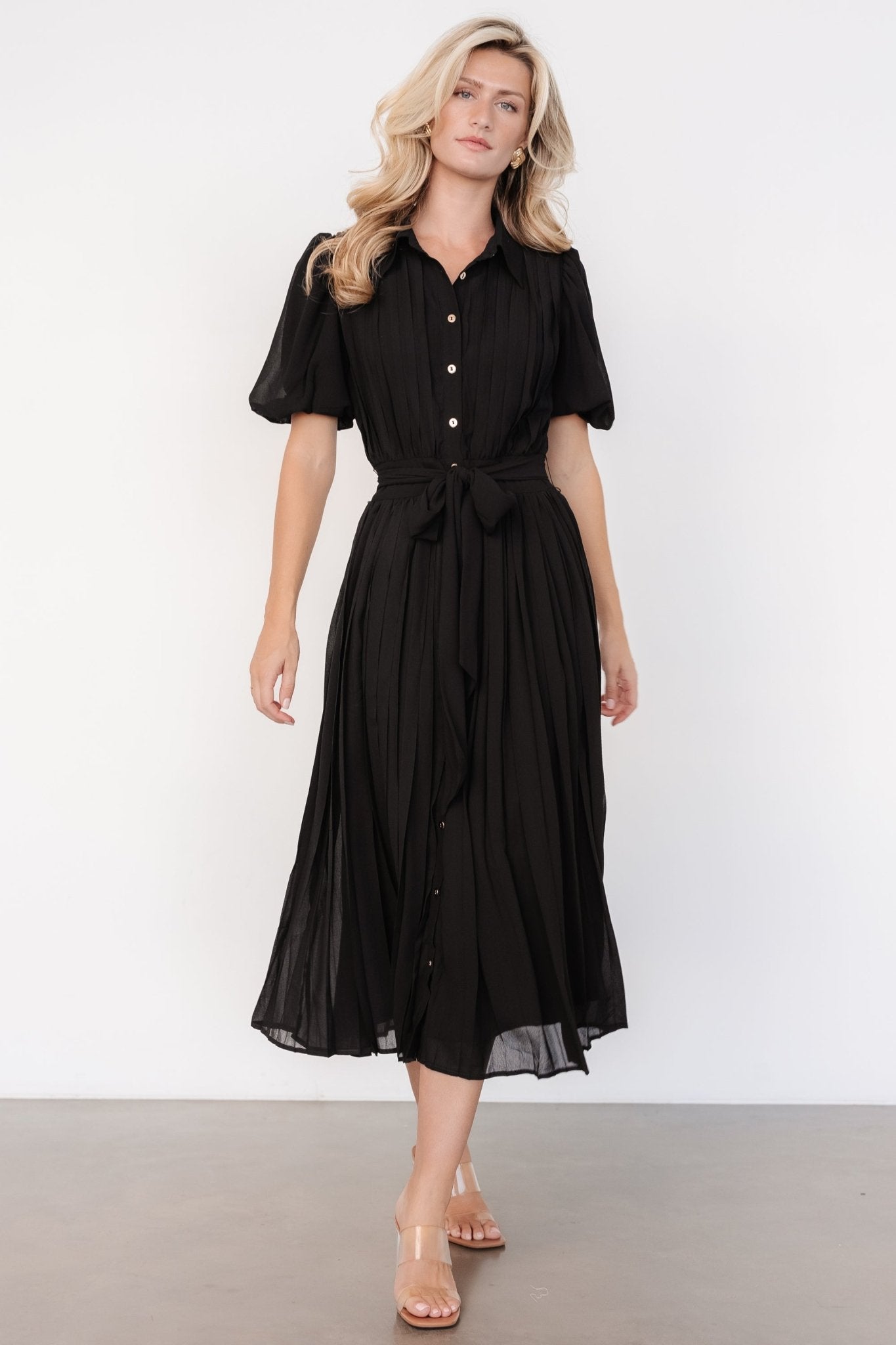 Boston Pleated Button Dress | Black Discounts Cheap Pice