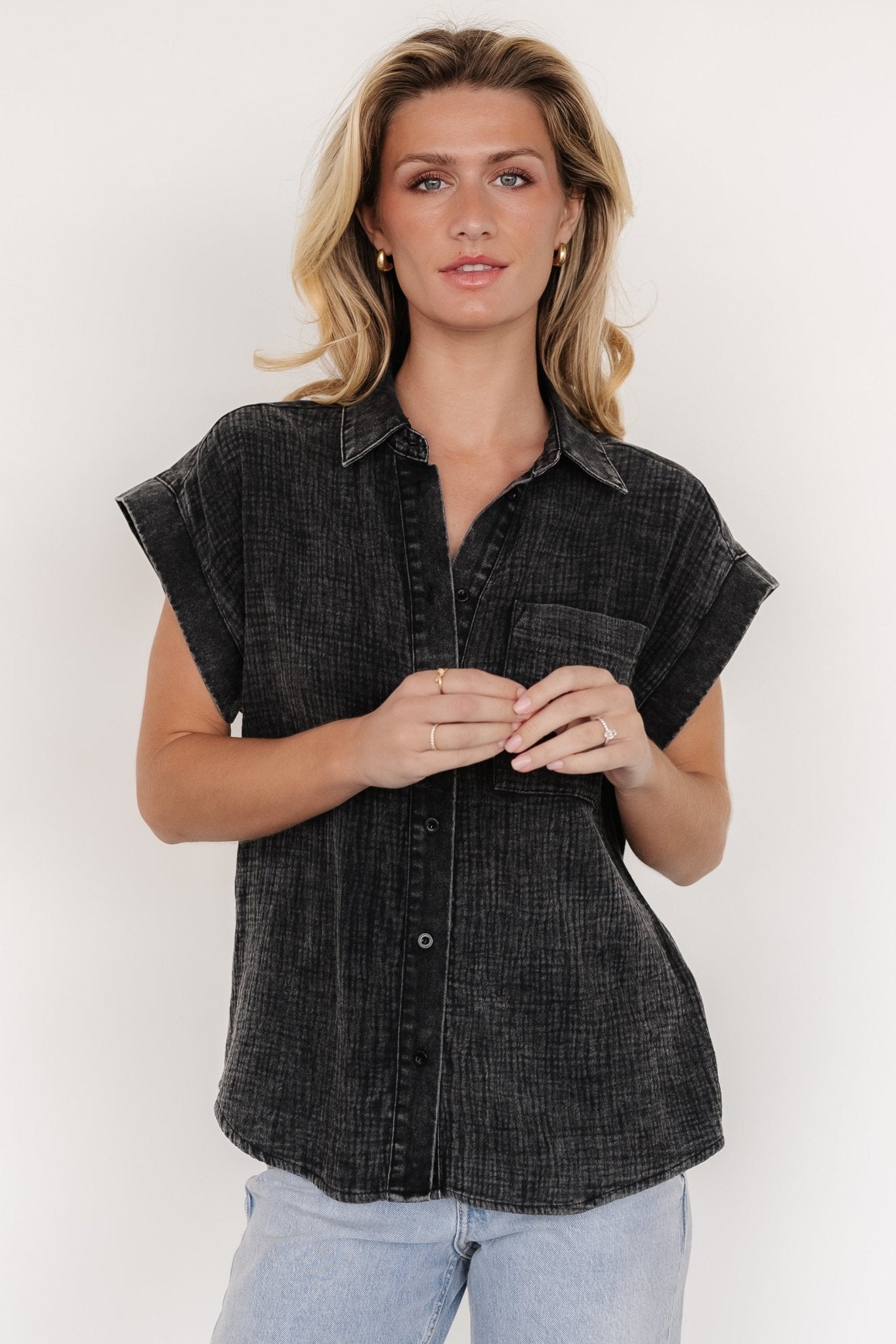 Jaye Button Top | Washed Black Clearance Cost