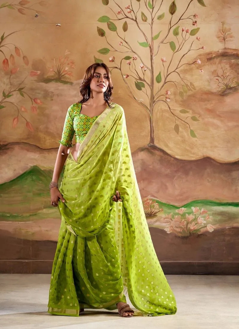 Digitally Printed Zari Weaving Georgette Silk Saree in Lime Green Pay With Visa For Sale