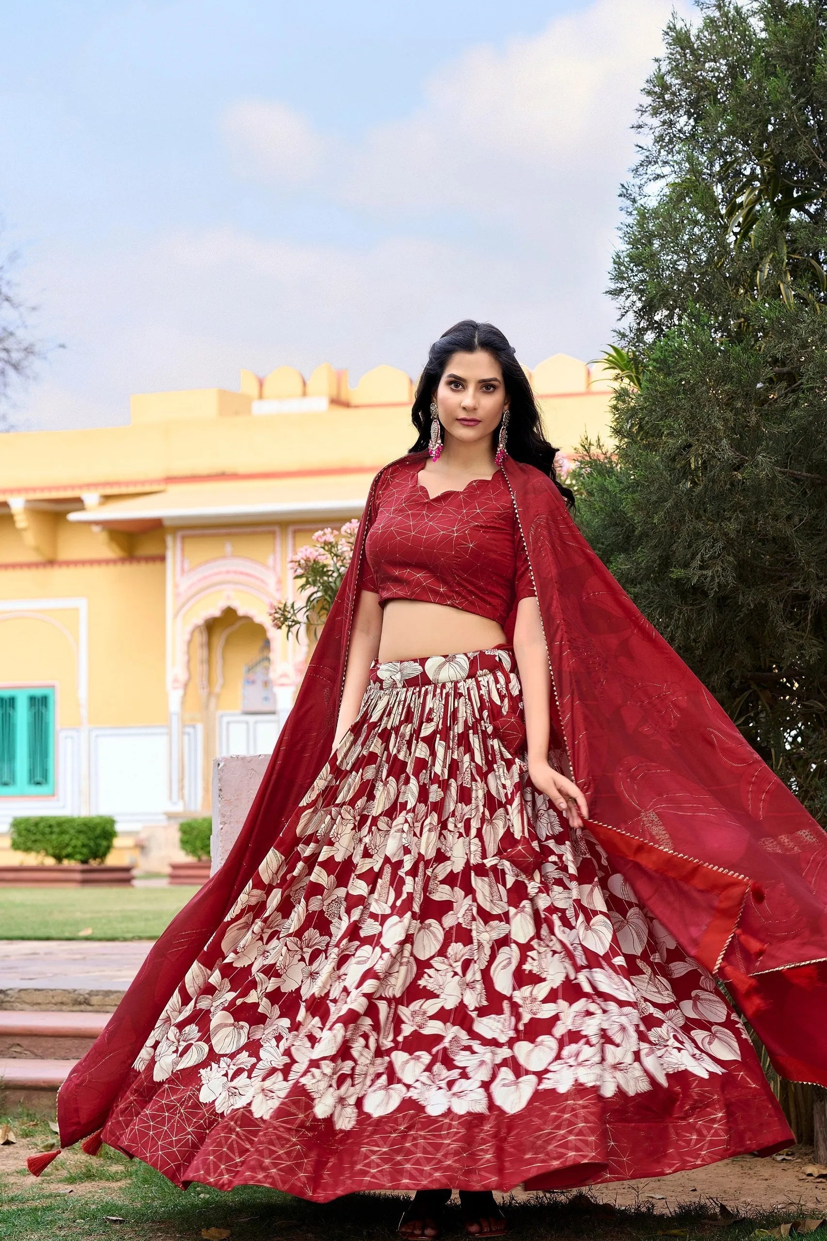 Ravishing Red Tussar Silk Floral Printed Lehenga Choli Set Outlet Discount Sale