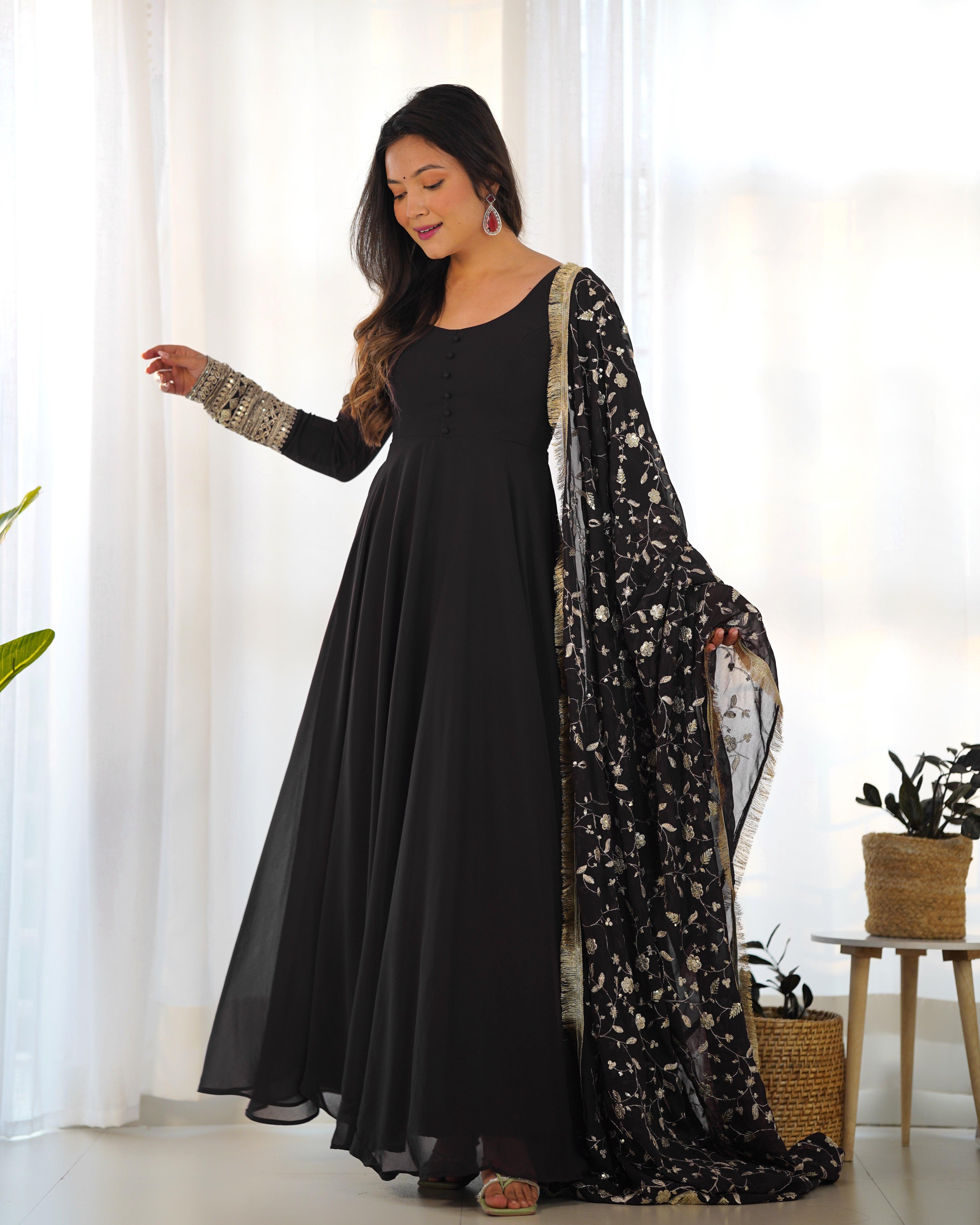 Black Color Georgette Gown With Applique Work Dupatta Buy Cheap With Mastercard