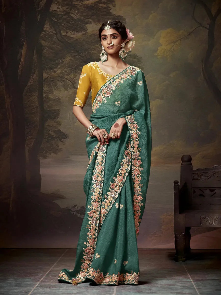 Elegant Aqua Green Embroidered Fancy Saree Real Online