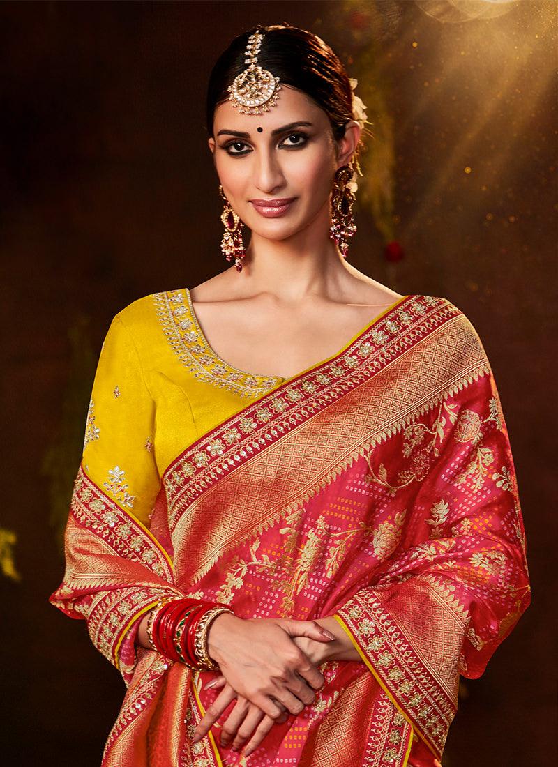 Embroidered Blouse With Red Bandhej Saree Sale Low Pice