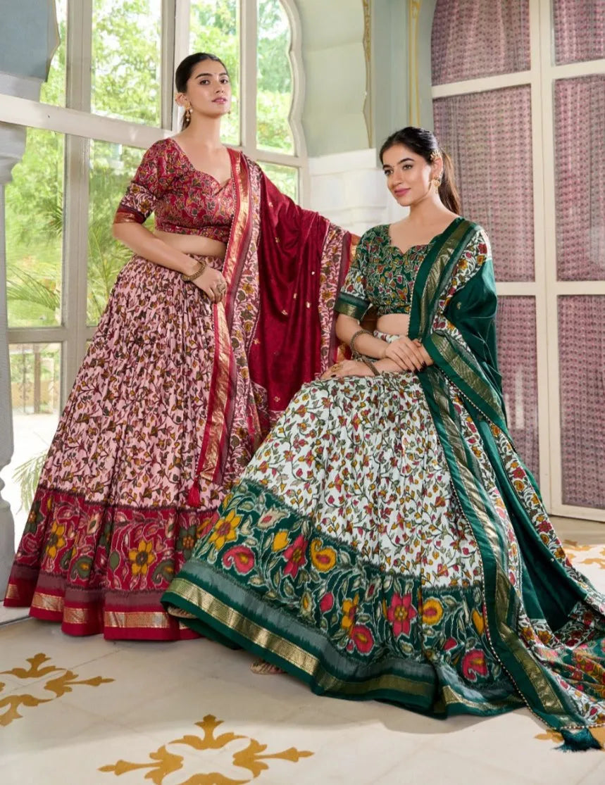 Amazing Tussar Silk Floral Printed Foil Worked Lehenga Choli Set Cheap Sale Shop