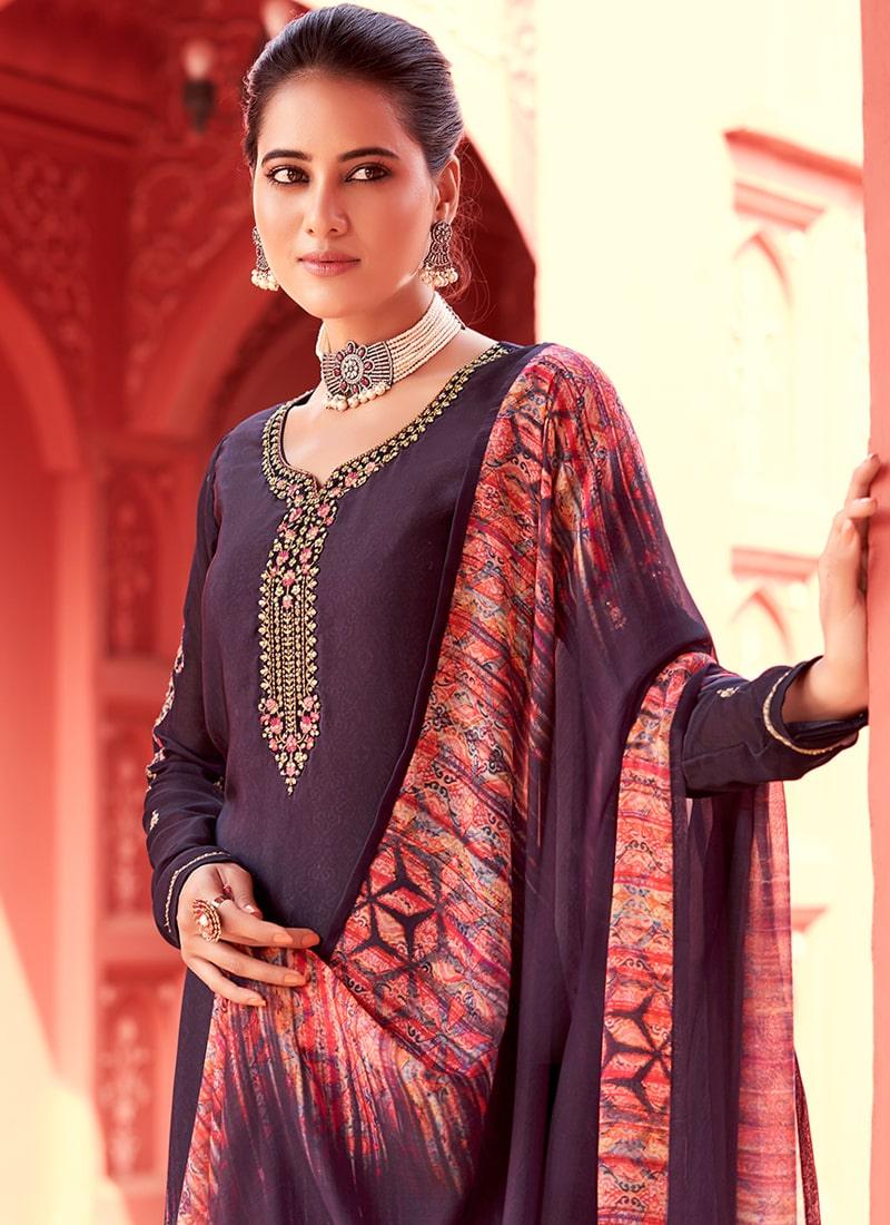 Purple Color Crepe Fabric Printed Palazzo Suit With Chiffon Dupatta Discount Online