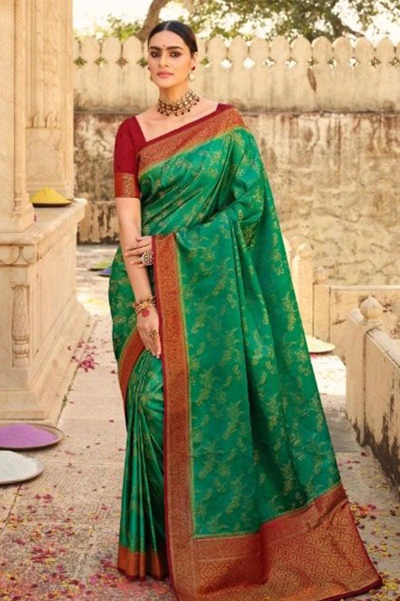 Castleton Green Color Bright Satin Soft Kanjiveram Silk Weave Saree The Cheapest Cheap Online