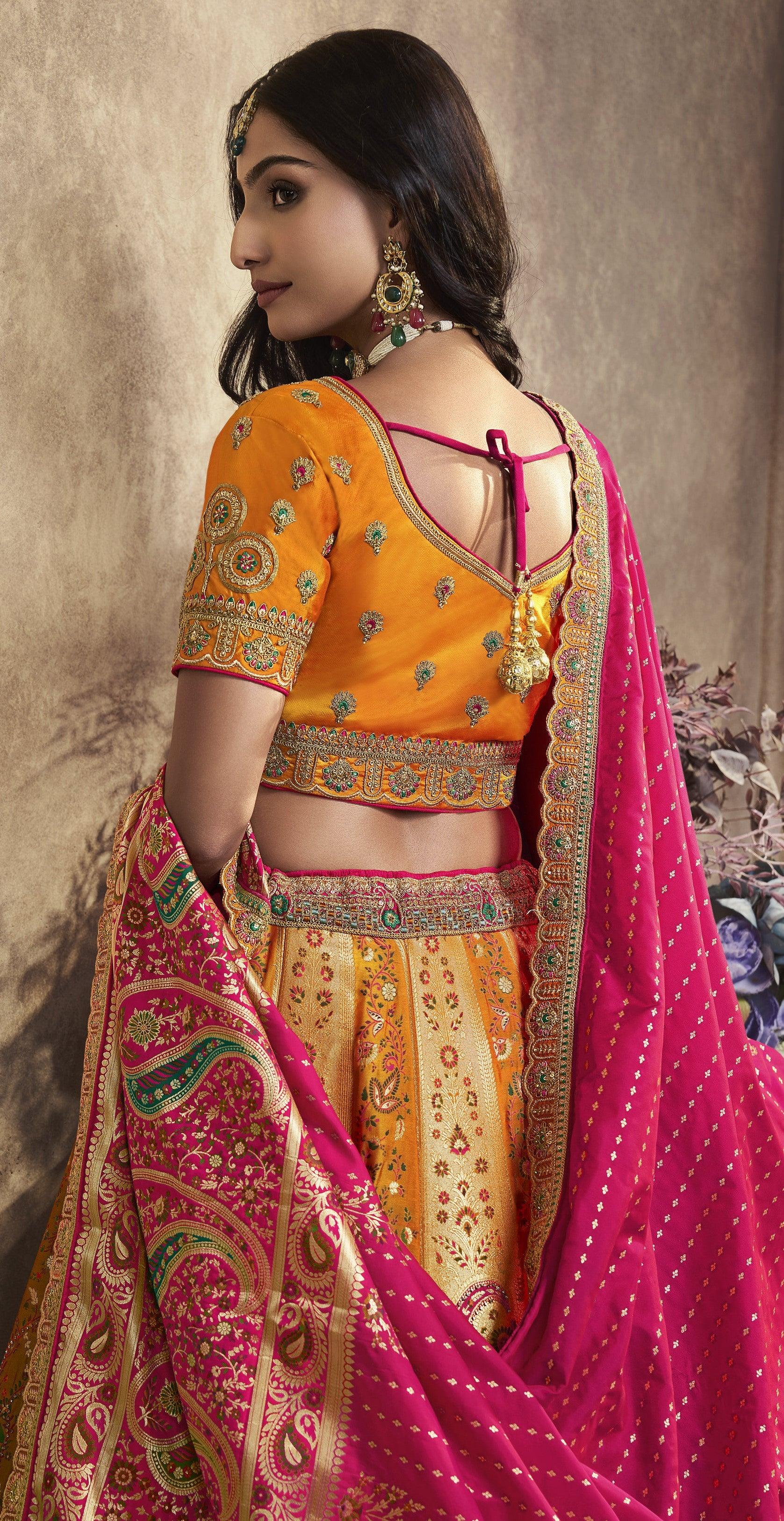 Orange Pink Banarasi Silk Wedding Lehenga Choli Professional Cheap Pice