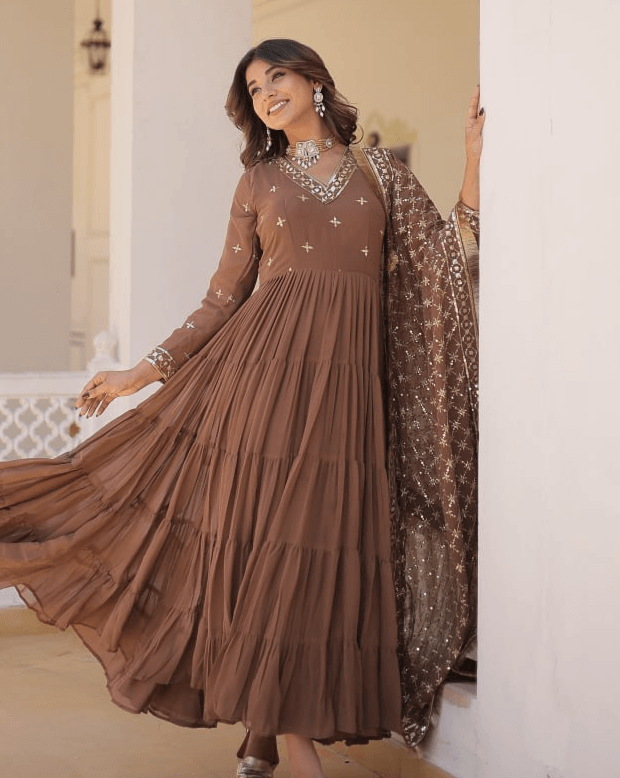 Brown Georgette readymade ruffled gown with dupatta Buy Cheap Manchester