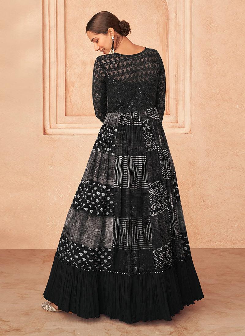 Printed Embroidered Black Crushed Anarkali Collections