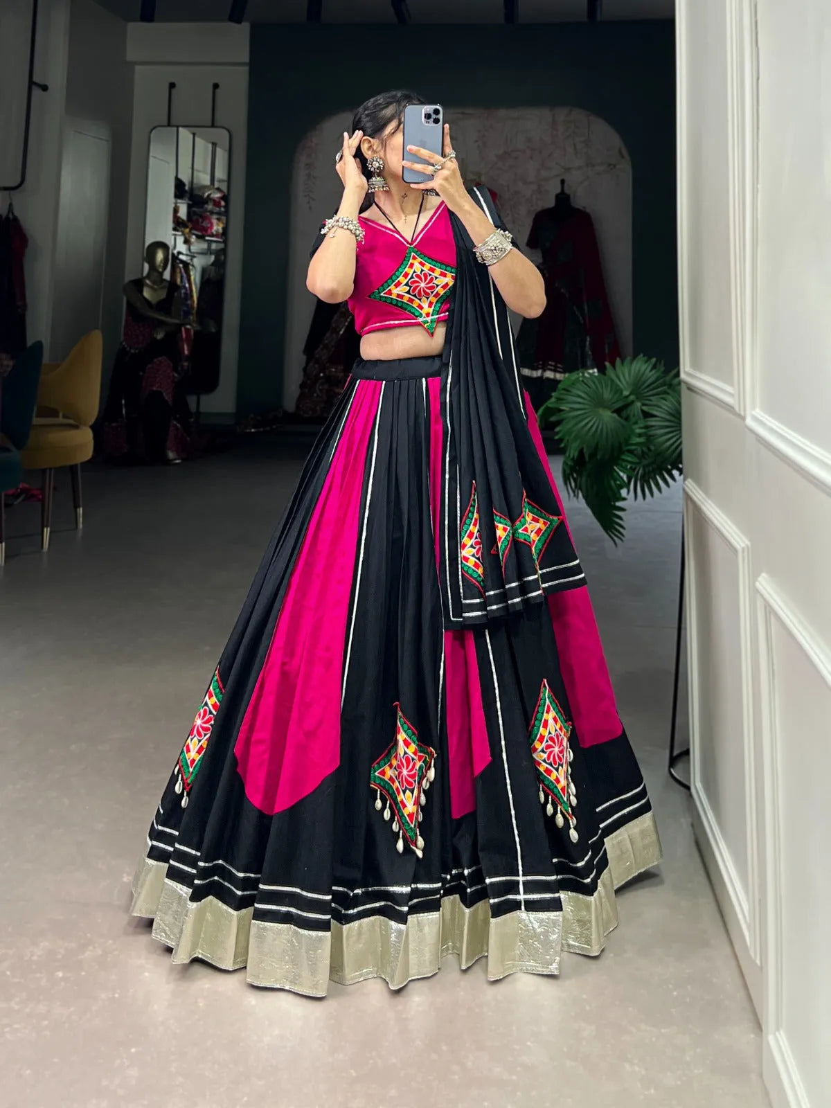 Pink Black Pure Cotton Gamthi Gota Patti Worked Navratri Lehenga Choli 2025 New