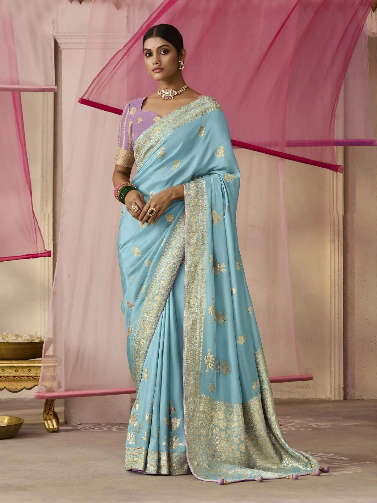 Sky Blue Designer Silk Saree with Floral Weaving Work Clearance Online Amazon