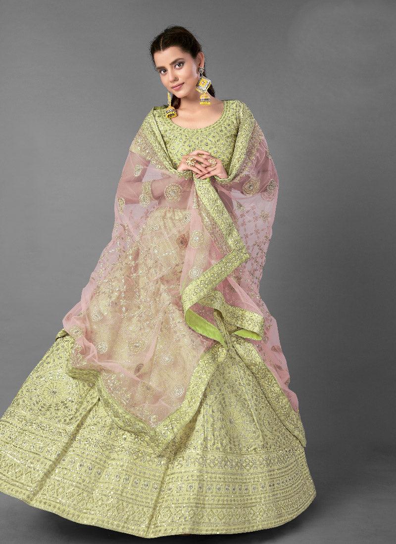 Dazzling Pista Green Color Art Silk Base Heavy Work Base Bridal Wear Lehenga Choli Cheap Sale Geniue Stockist