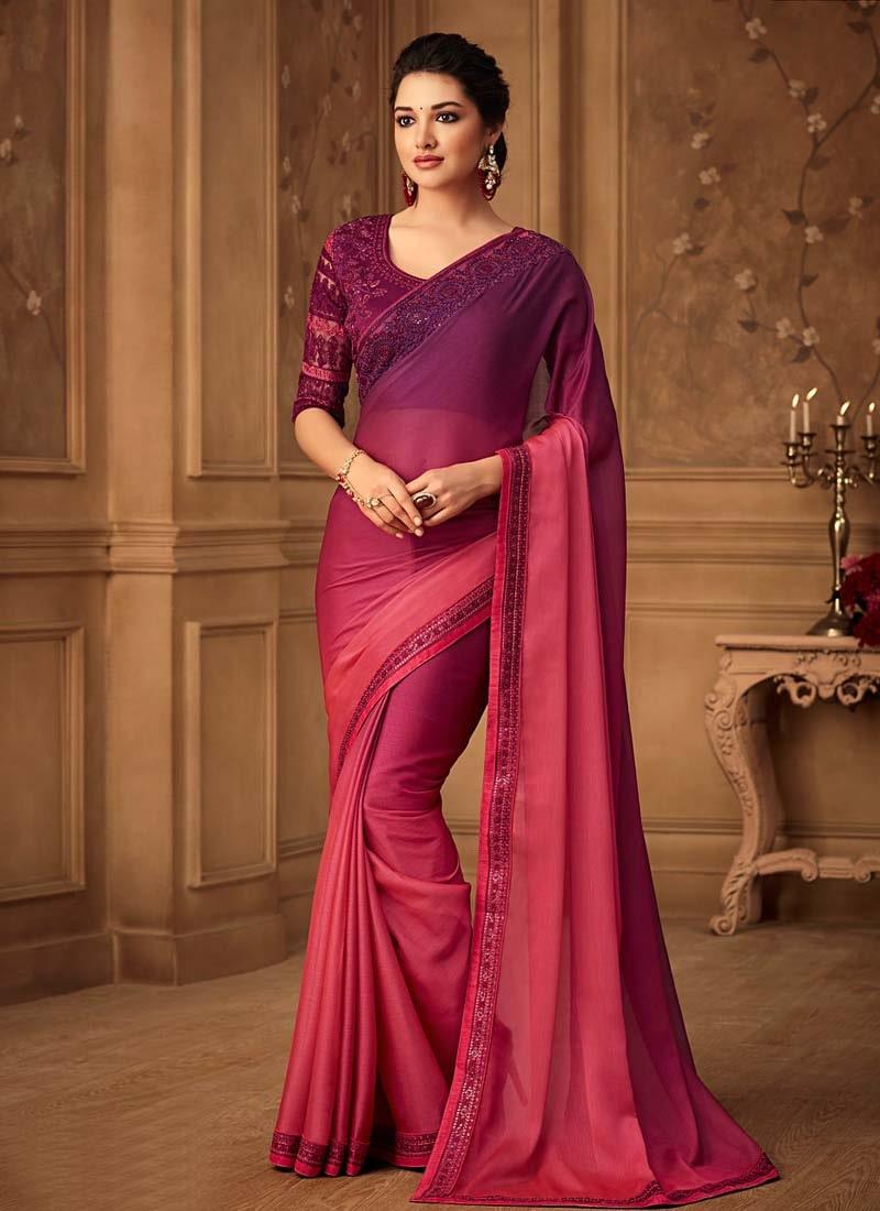 Glorious Look Wine And Pink Shaded Color Saree With Designer Blouse Newest