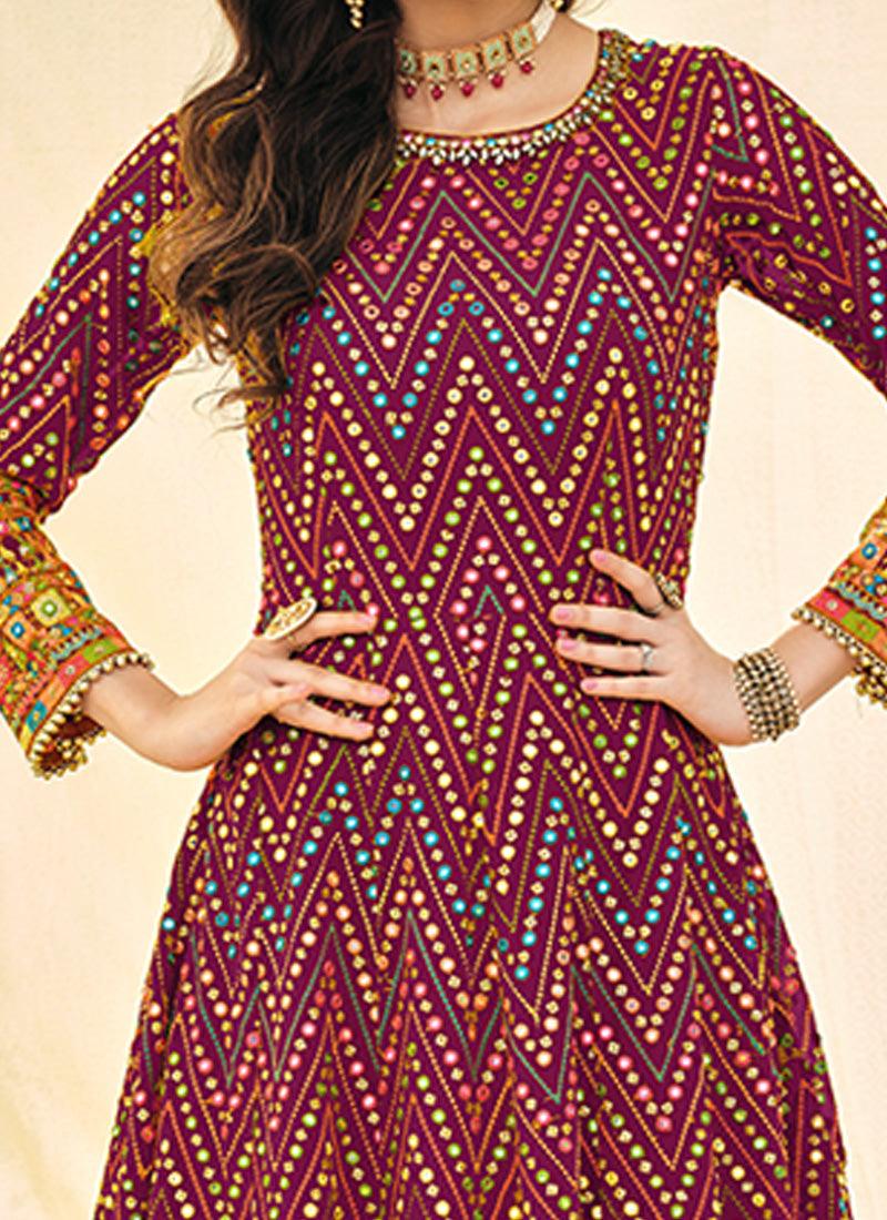 Thread And Mirror Work Zig-Zag Pattern Wine Gown Discounts Sale Online