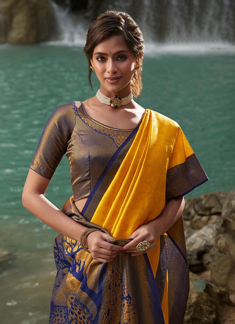 Silk Weave Yellow Kanjivaram Saree Sale Extremely