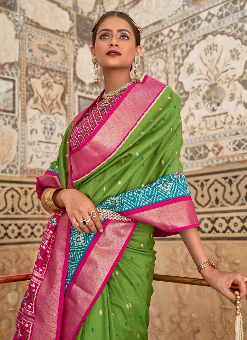 Enchanting Green Color Patola Printed Silk Saree With Boat Neck Blouse Latest Collections Online