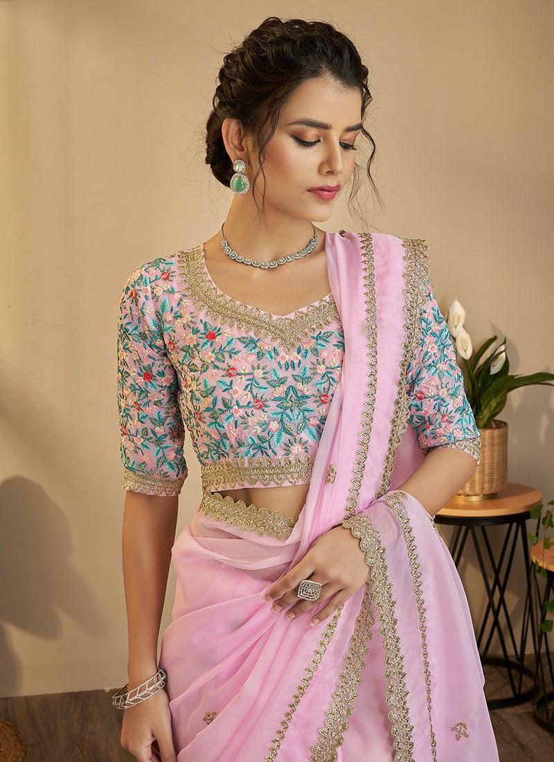 Resham And Zari Work Blouse With Pink Saree Looking For For Sale