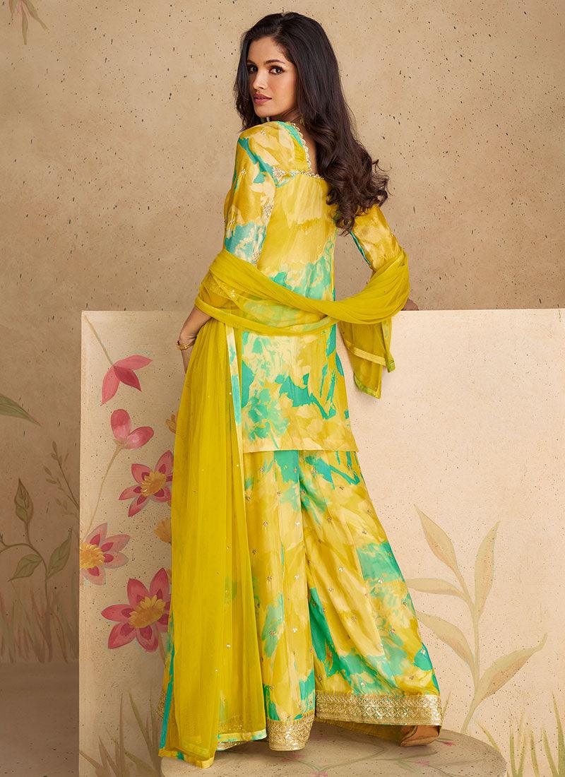 Yellow Green Chinon Silk Floral Festival Wear Top Palazzo Suit Free Shipping Sale Online