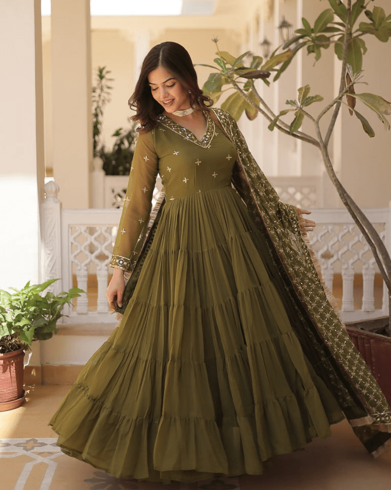 Brown Georgette readymade ruffled gown with dupatta Buy Cheap Manchester