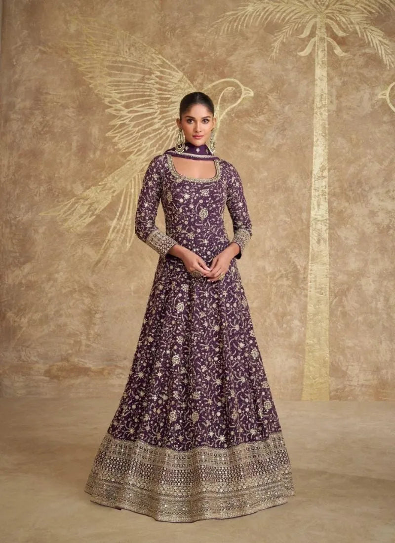 Dazzling Deep Purple Georgette Embroidered Anarkali Suit Low Pice