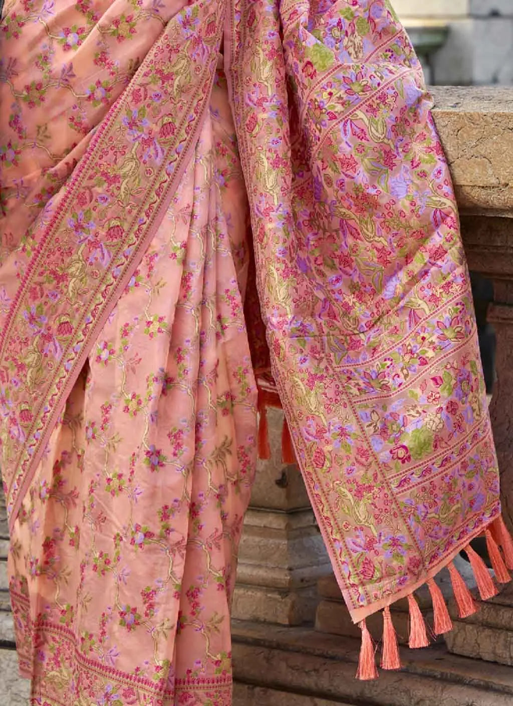 Pleasing Peach Handloom Organza Parsi Weaving saree Clearance Eastbay