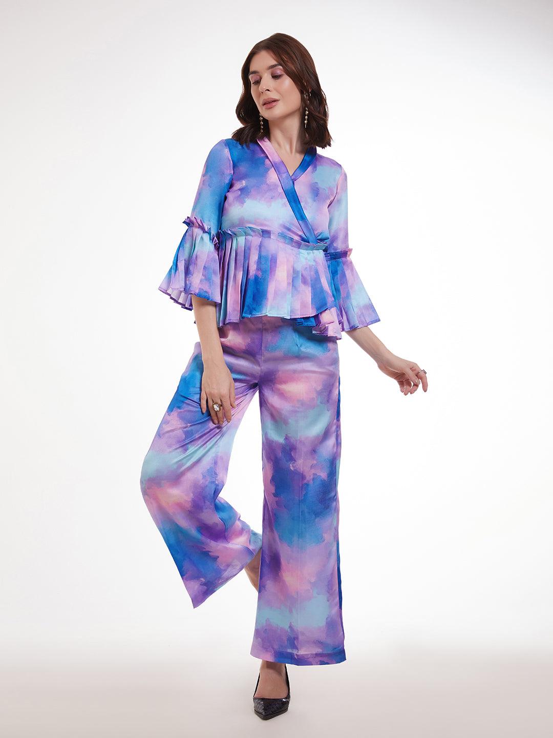 Multi color Modal Satin pleated top and pant style co-ord Visit Sale Online