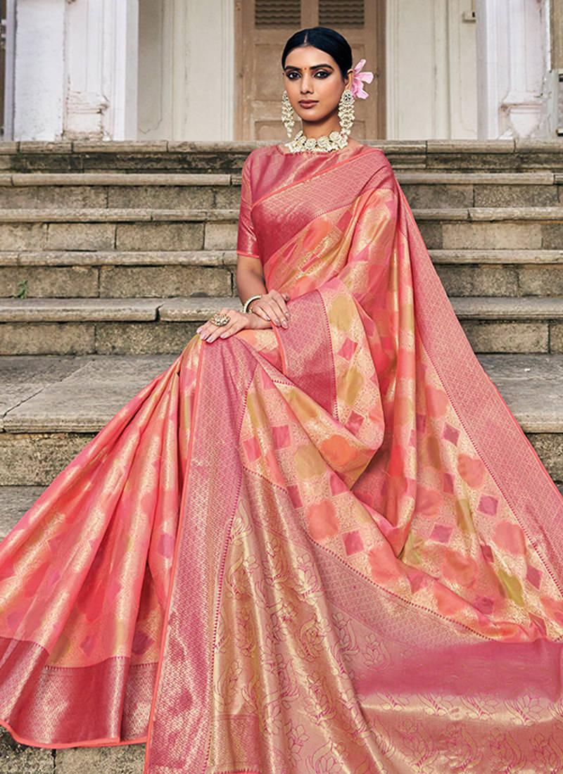 Classic Wear Printed Peach Organza Saree Cheap Order