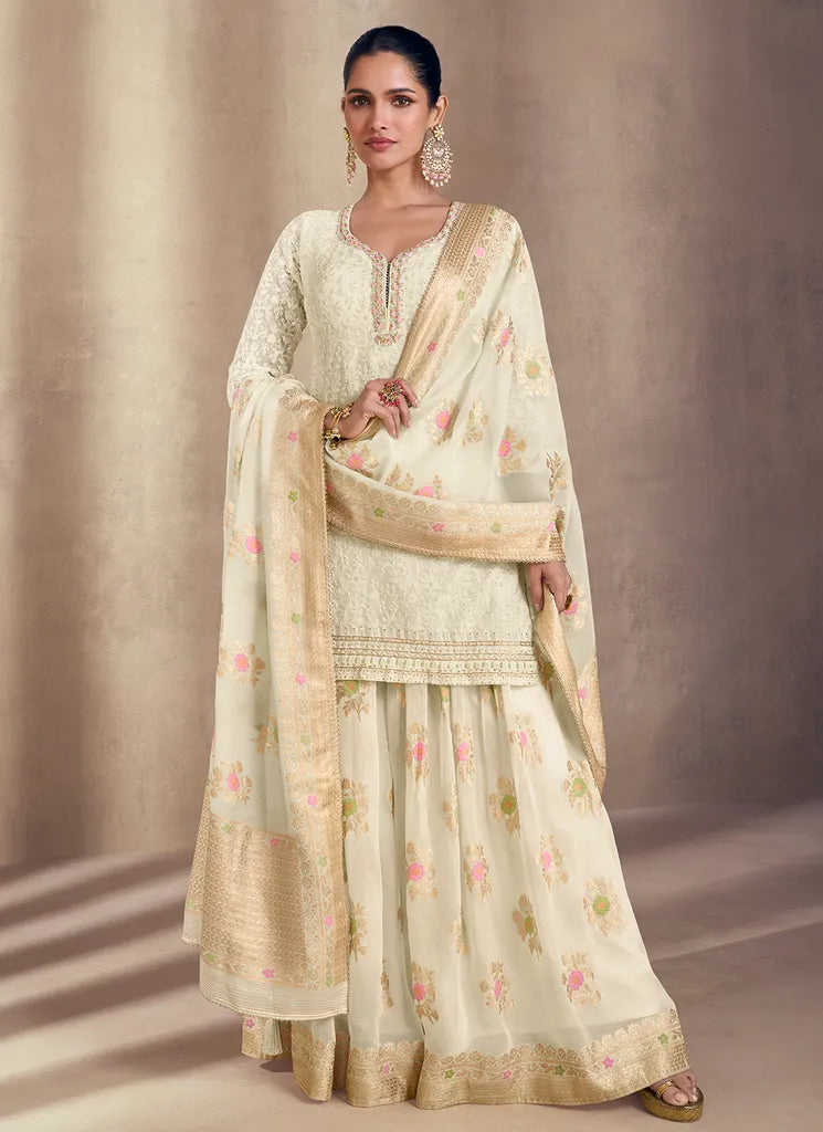 Cream Georgette Sharara Suit with Handcrafted Sequins Embellishments Buy Cheap How Much