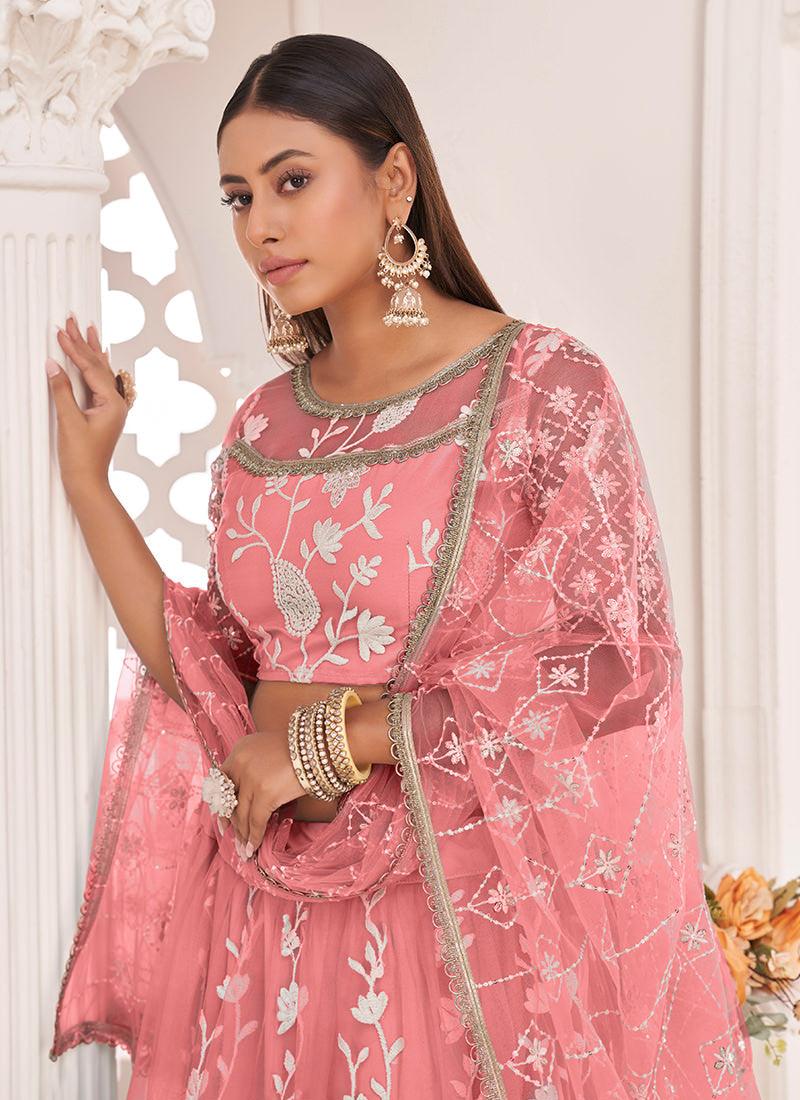 Embroidered Pink Soft Net Lehenga Cheap Pice Original