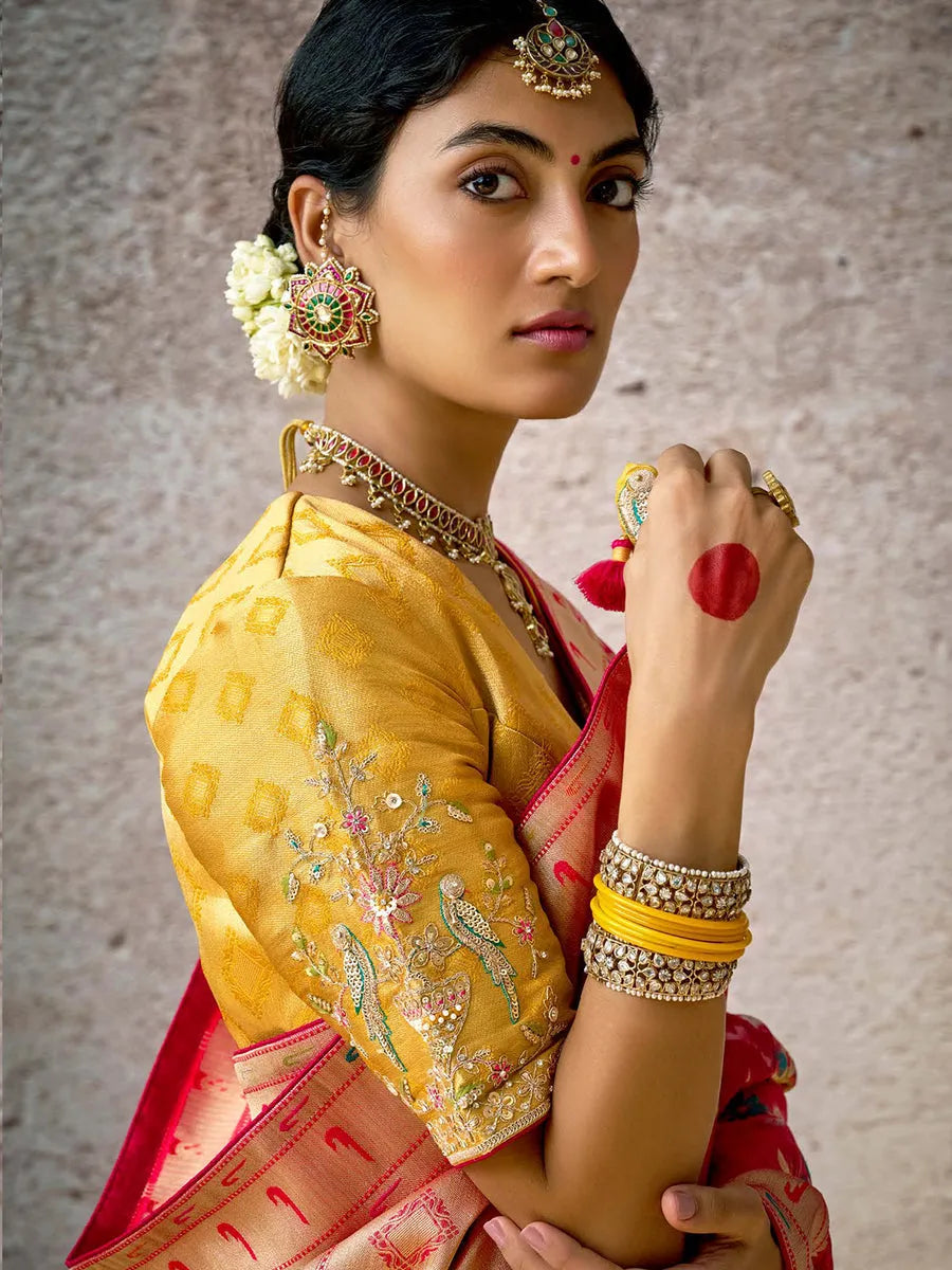 Iconic Red Banarasi Silk Saree Floral Embroidered Free Shipping Outlet Store