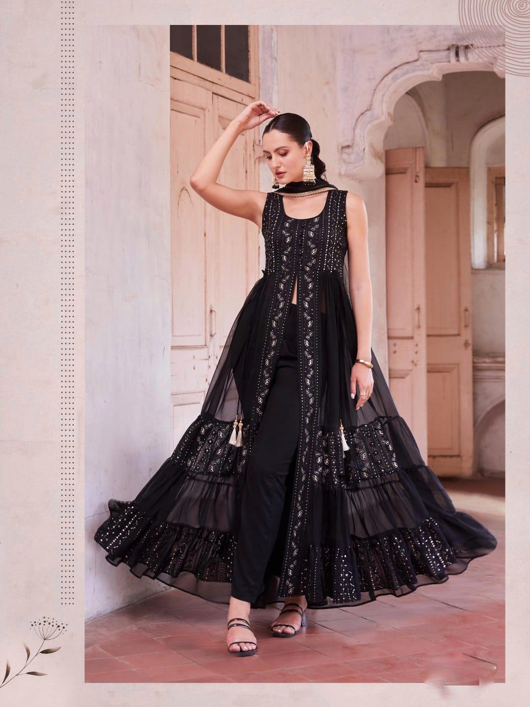 Black Georgette raffled pant style suit with dupatta Free Shipping Pick A Best