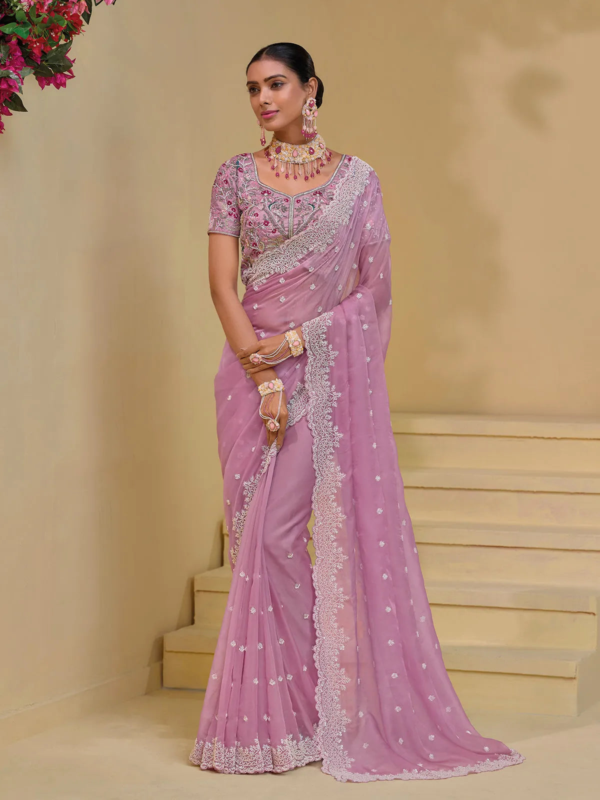 Magical Pink Banarasi Silk Embroidered Saree Lowest Pice