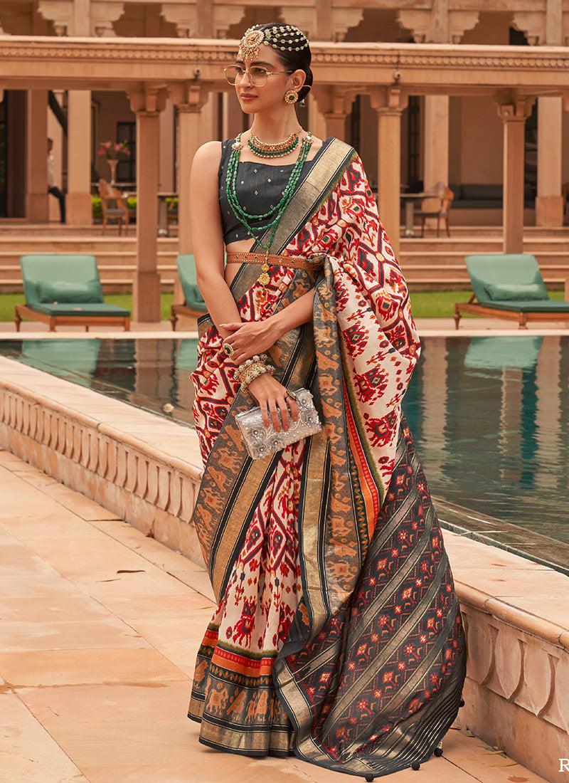 Off-White Smooth Silk Foil Print With Patola Saree For Sale Wholesale Pice