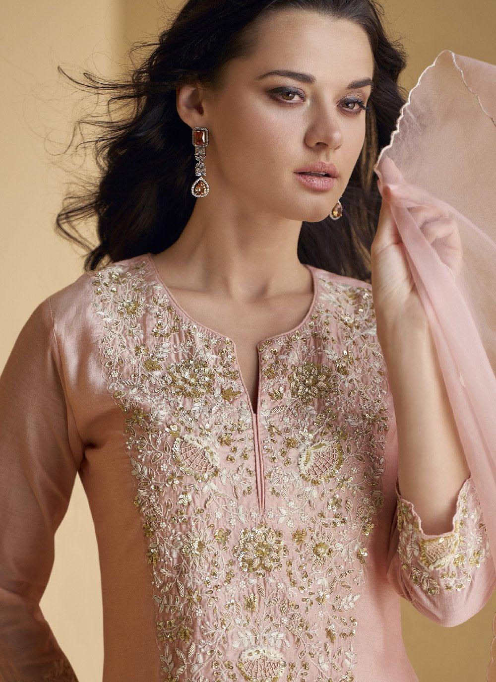 Peach Pure Silk Cording Worked Designer Top Palazzo Suit Outlet Factory Outlet