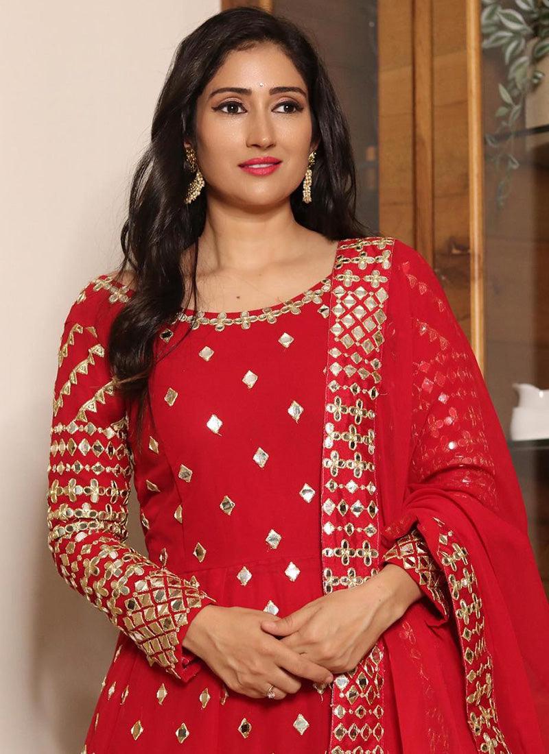 Splendid Red Color Georgette Base Foil Mirror Work Salwar Suit Discounts Cheap Pice