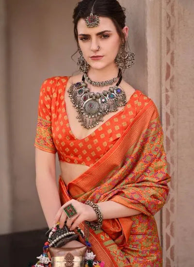 Outstanding Orange Ajrakh Printed Sigma Silk Traditional Saree Clearance Geniue Stockist