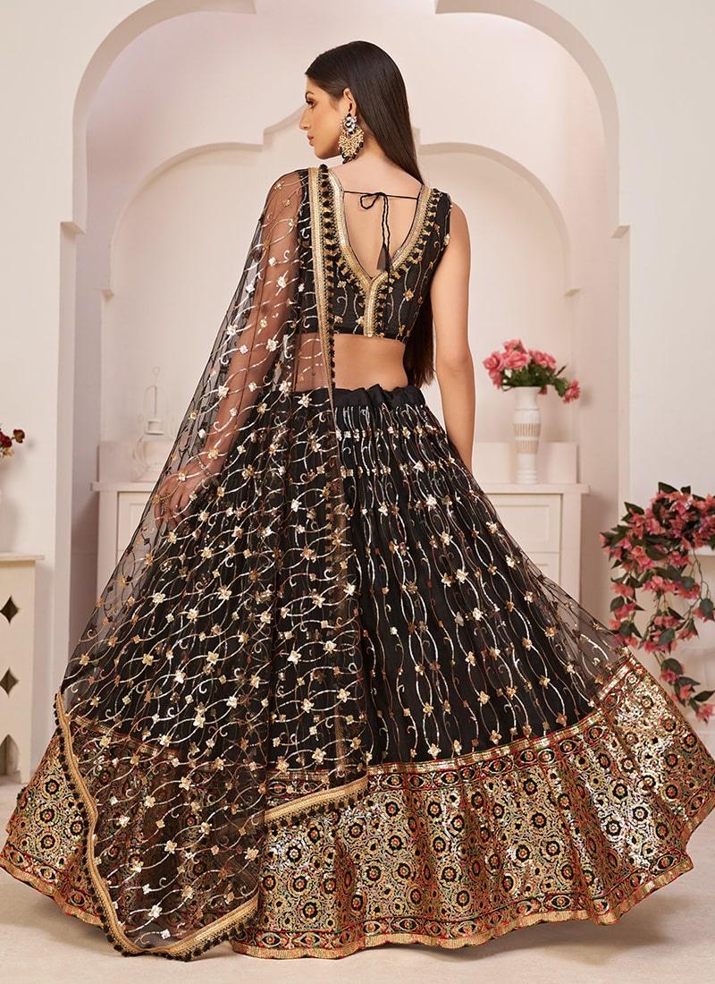 Attractive Look Black Color Soft Net Fabric Sequins Work Lehenga Free Shipping For Sale