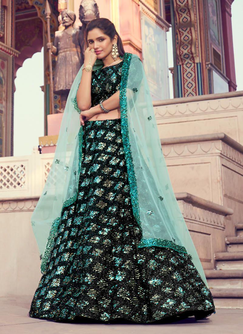 Eye-catching Black Color Lehenga Choli With Turquoise Color Dupatta Set Outlet Locations Sale Online